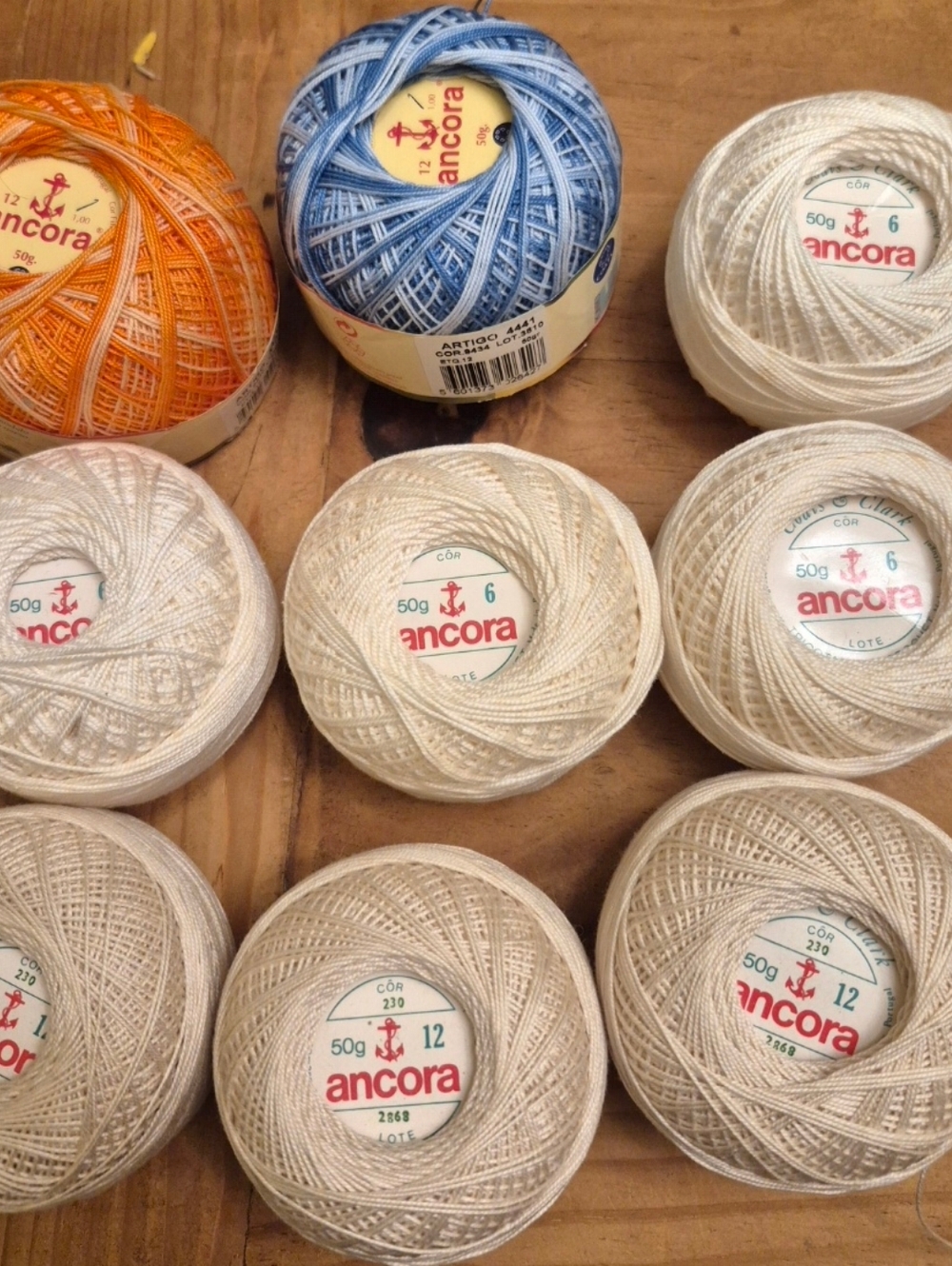Crochet Thread Balls -9- By Anchora (Anchor)- White, Cream, Blue, Orange